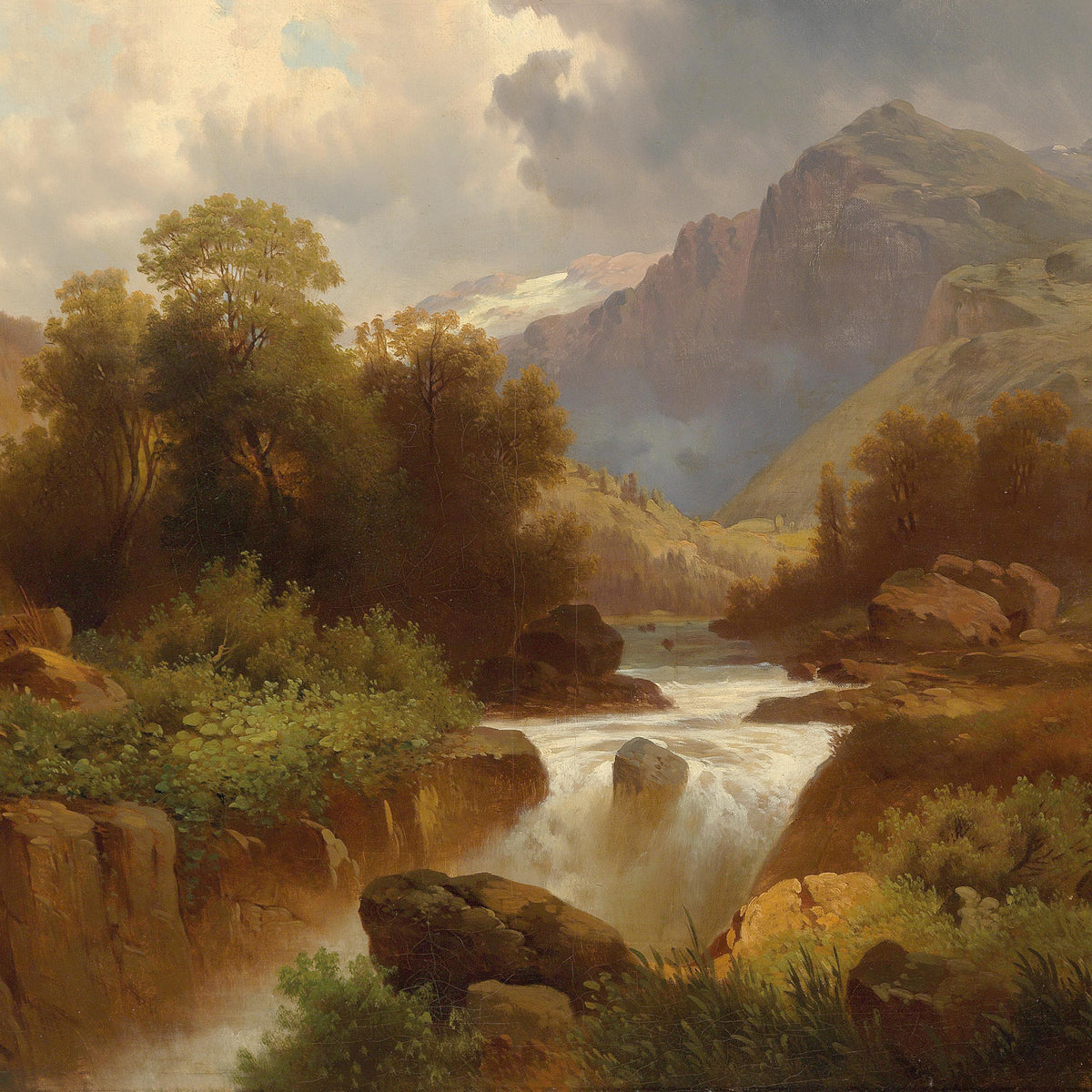 Mountain Stream and Canyon Hand-Painted Landscape Oil Painting