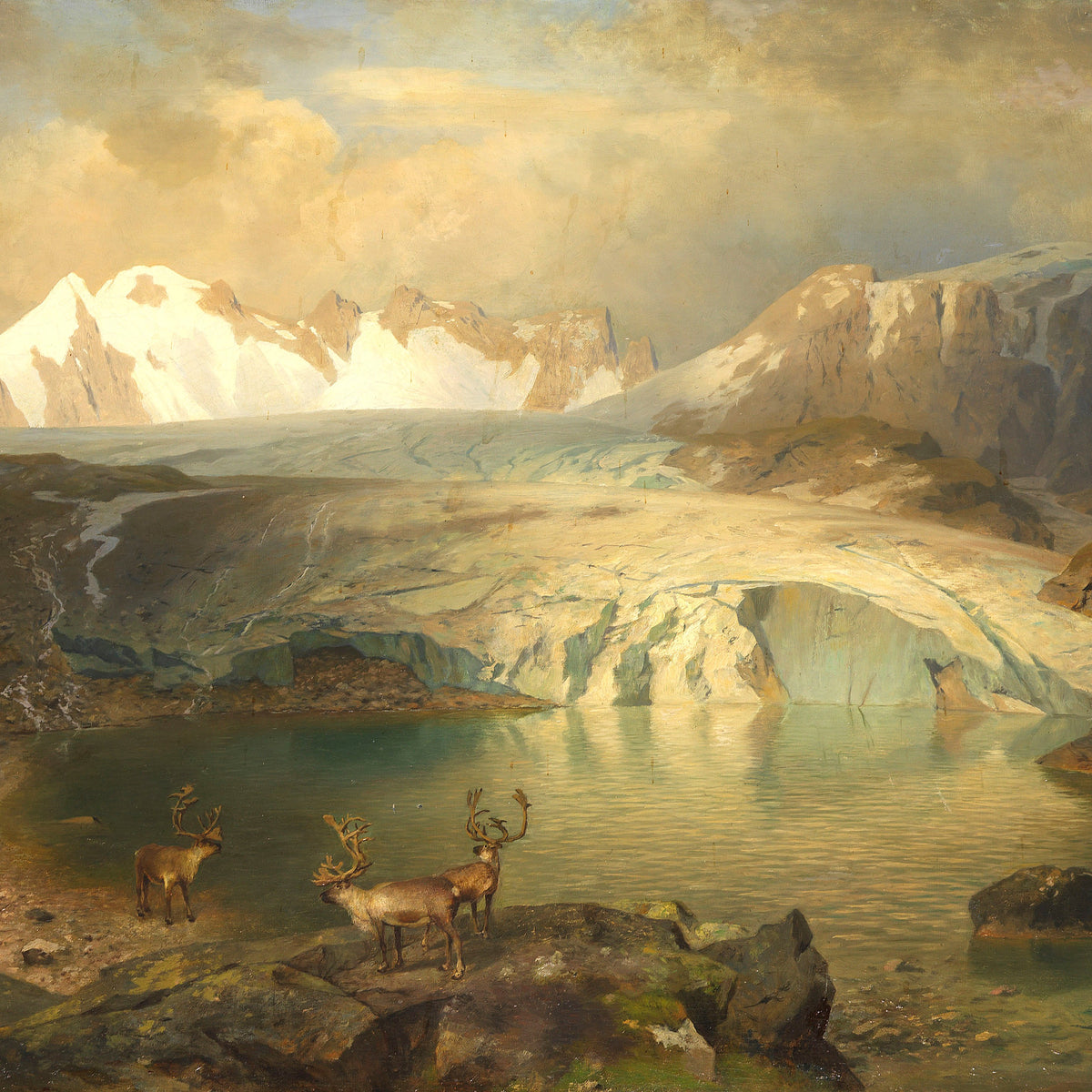 Alpine Glacier Lake with Deer Hand-Painted Landscape Oil Painting