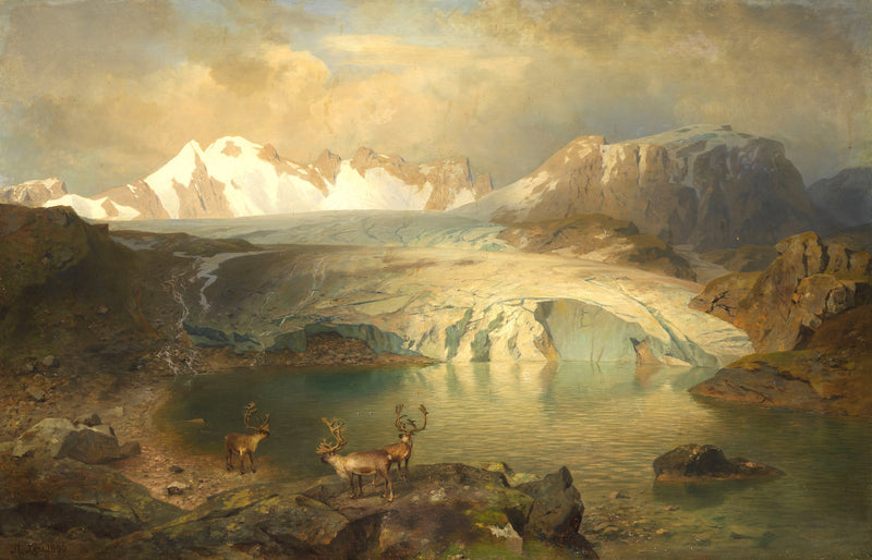 Alpine Glacier Lake with Deer Hand-Painted Landscape Oil Painting