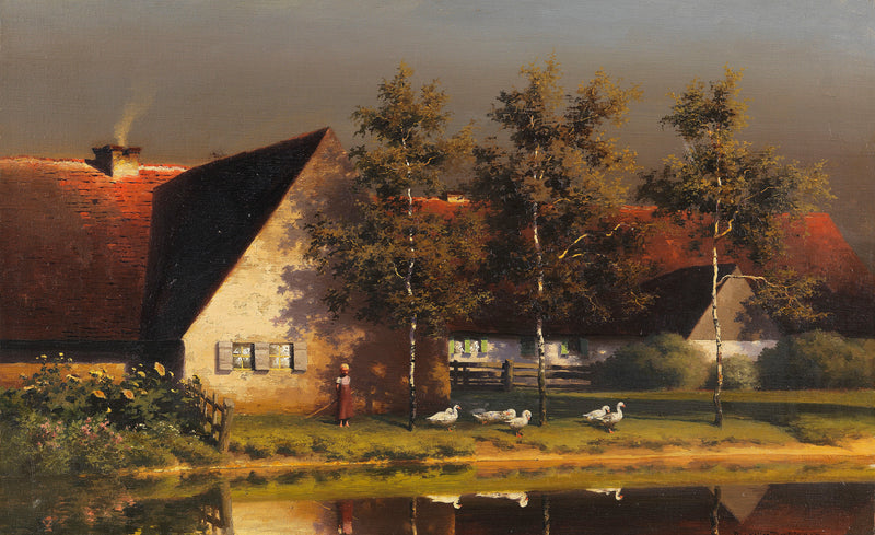 Quiet Countryside Farmhouse with Geese Hand-Painted Oil Painting