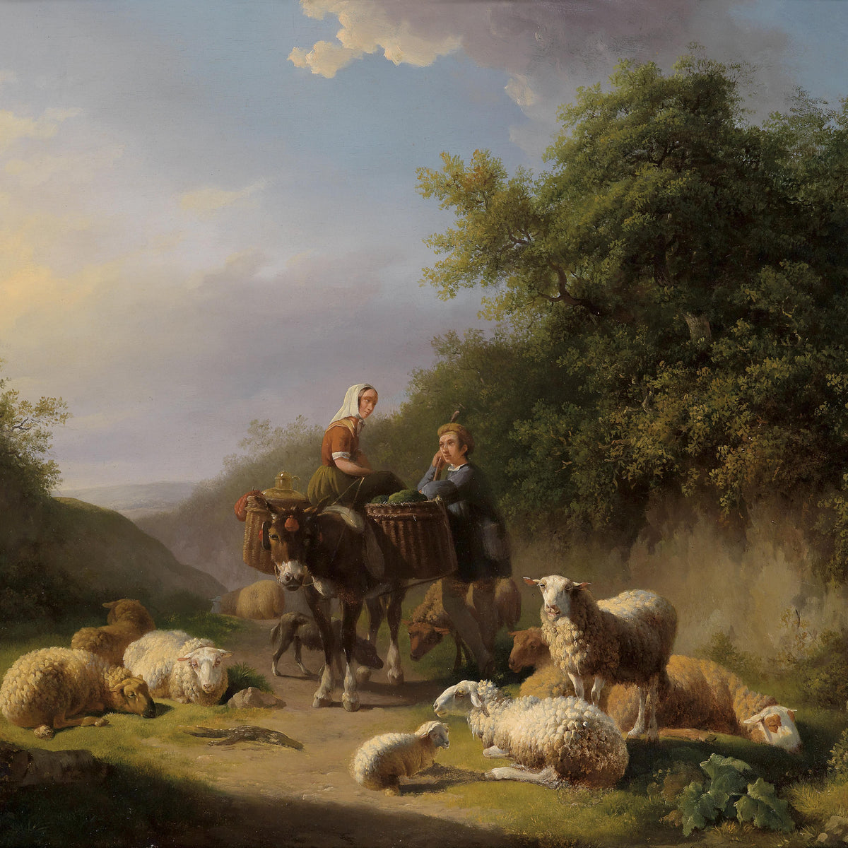 Landscape Oil Painting - Rural Pastoral, Shepherd Pair, Donkey & Flock