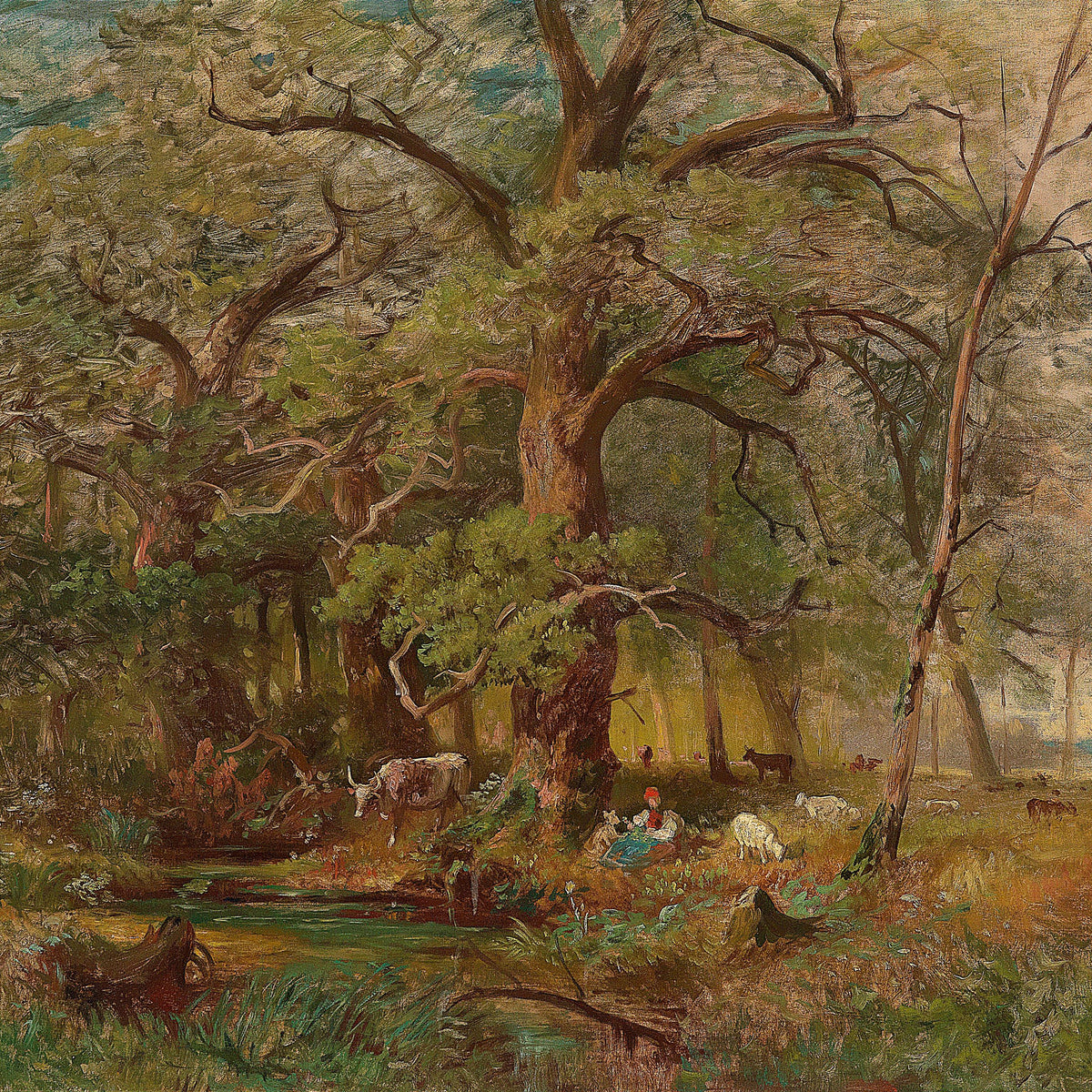 Pastoral Woodland Scene with Cattle, Hand-Painted Oil Painting
