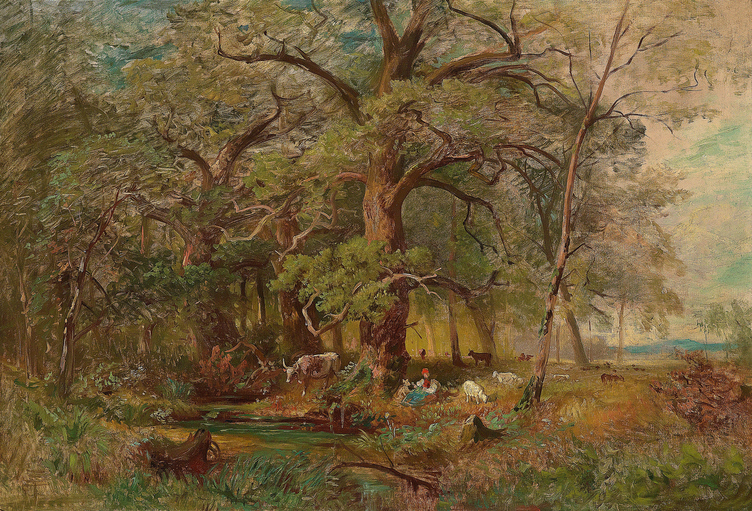 Pastoral Woodland Scene with Cattle, Hand-Painted Oil Painting