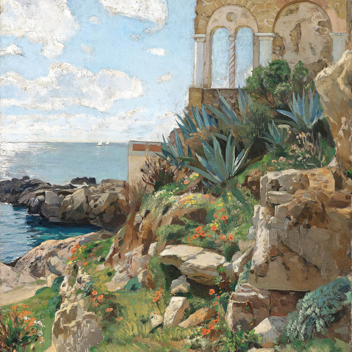 Landscape Oil Painting - Mediterranean Coastal: Ruined Arch, Succulents