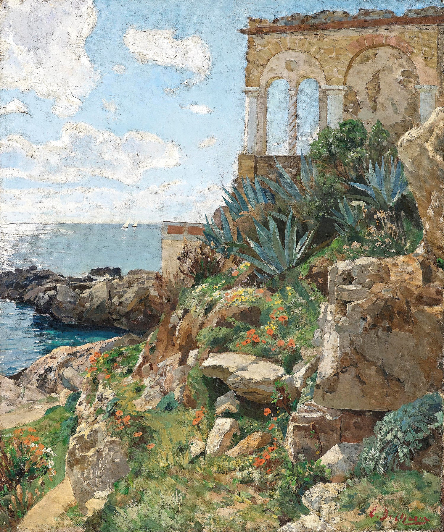 Landscape Oil Painting - Mediterranean Coastal: Ruined Arch, Succulents