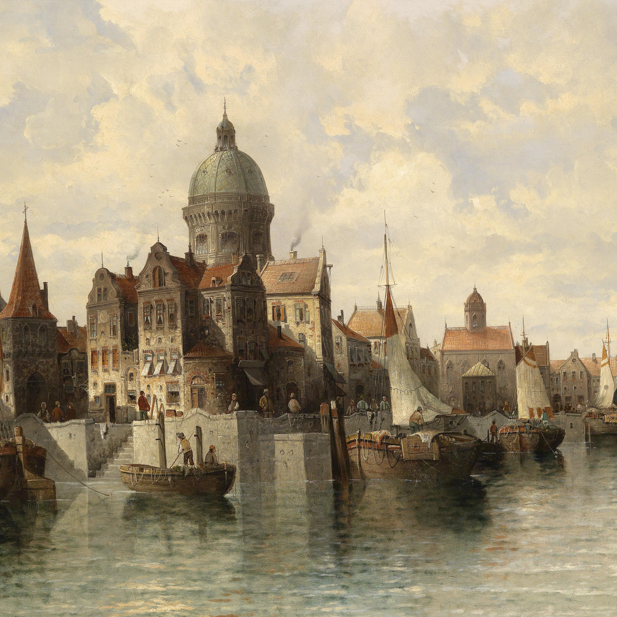 Landscape Oil Painting - European Canal Port & Historic Architecture