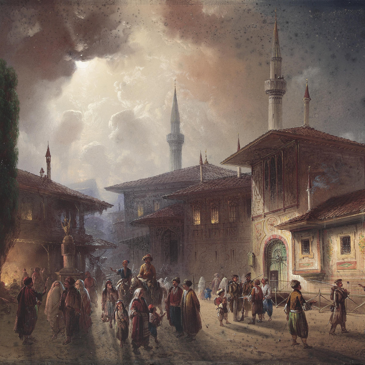 Ottoman Courtyard Scene with Minarets, Hand-Painted Oil Painting