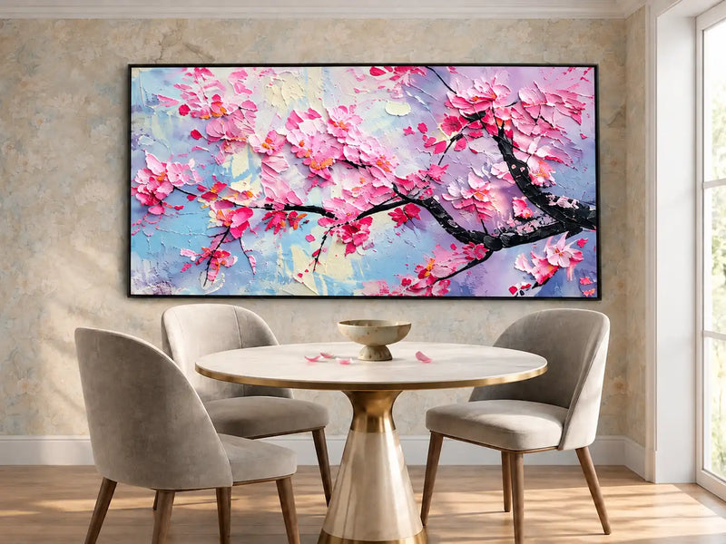 Dipinto a olio astratto - Decorazione da parete materica con fiori di ciliegio rosa