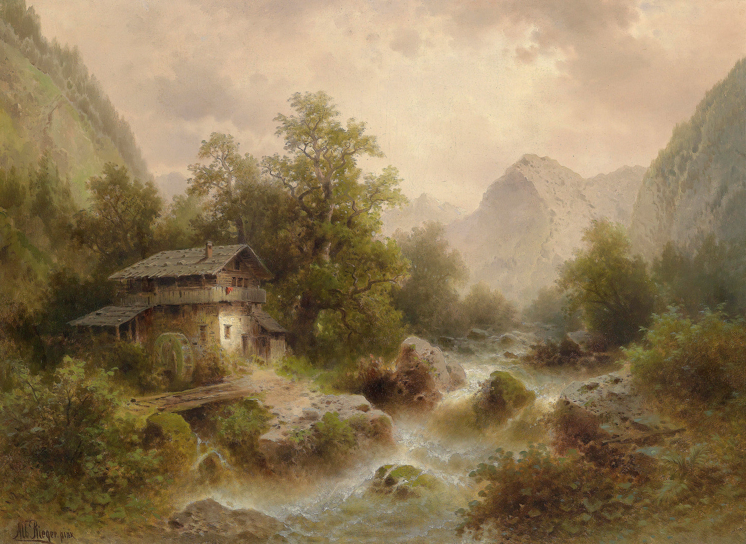 Landscape Oil Painting - Alpine Valley Watermill Cottage: Rushing Stream