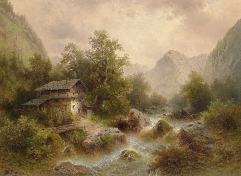 Landscape Oil Painting - Alpine Valley Watermill Cottage: Rushing Stream