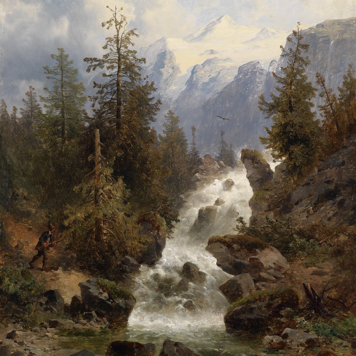 Landscape Oil Painting - Alpine Mountain Stream: Snow Peaks & Forest