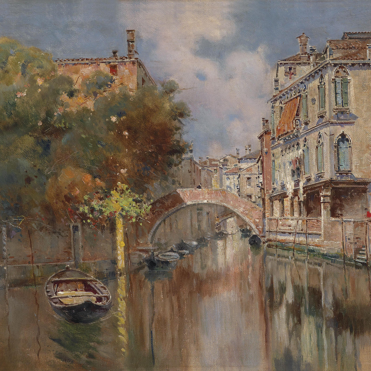 Landscape Oil Painting - Venice Canal Historic Buildings, Stone Bridge