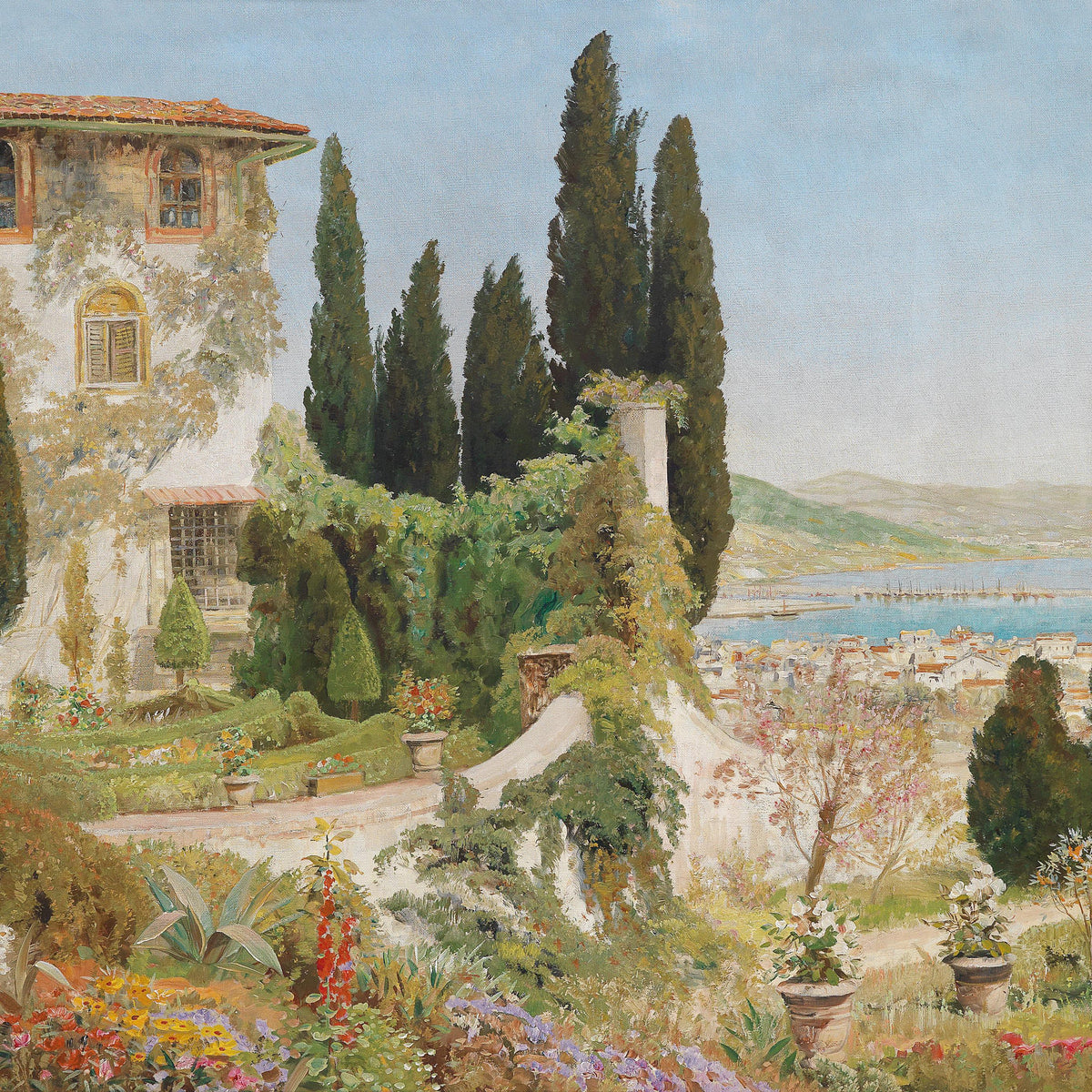 Italian Garden Overlooking the Sea, Hand-Painted Landscape Oil Art