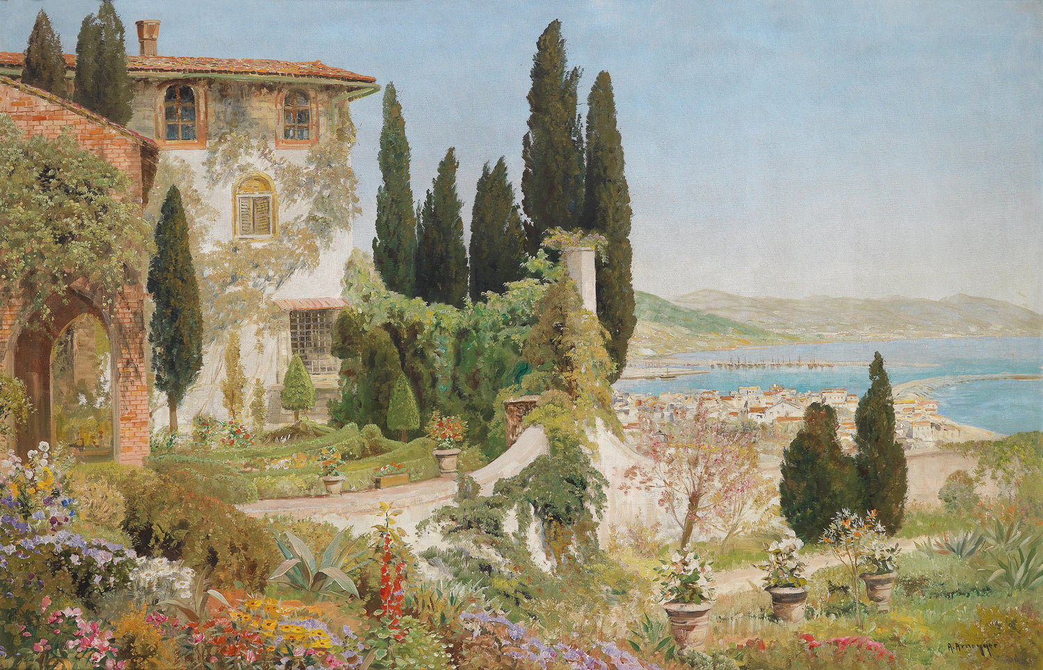 Italian Garden Overlooking the Sea, Hand-Painted Landscape Oil Art