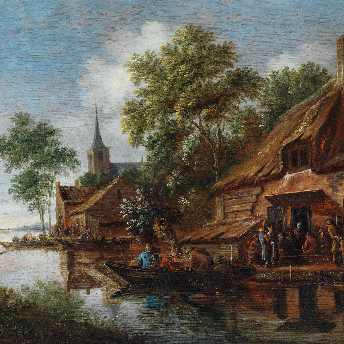 Riverside Village with Boats | Hand-Painted European Oil Painting