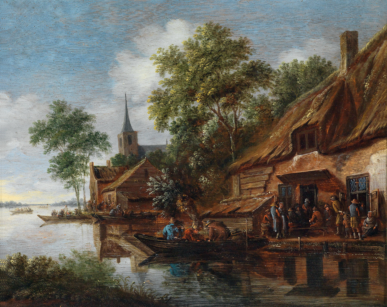 Riverside Village with Boats | Hand-Painted European Oil Painting