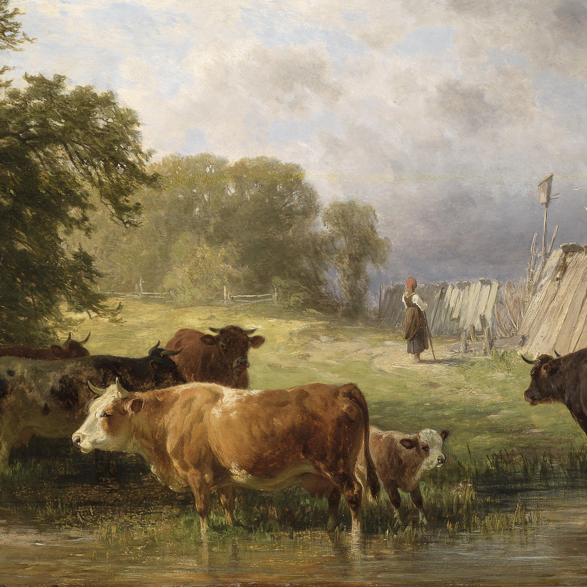 Landscape Oil Painting - Rural Waterfront Pasture: Cattle Herd, Fence