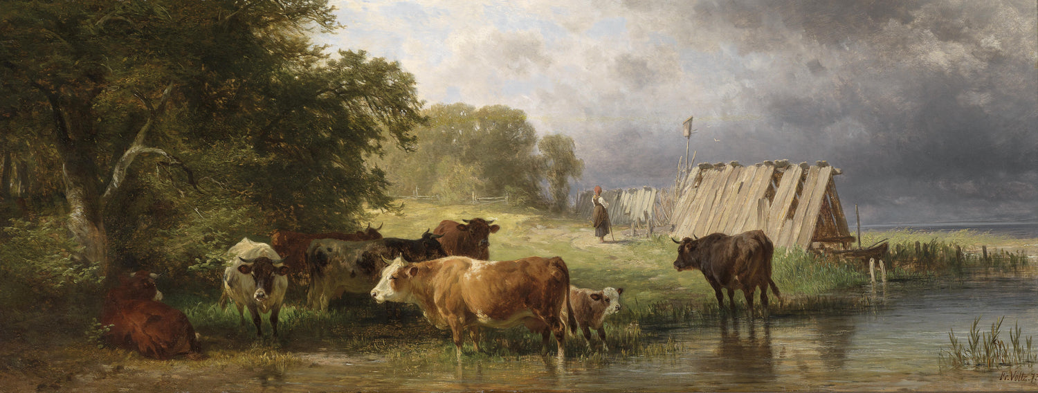 Landscape Oil Painting - Rural Waterfront Pasture: Cattle Herd, Fence
