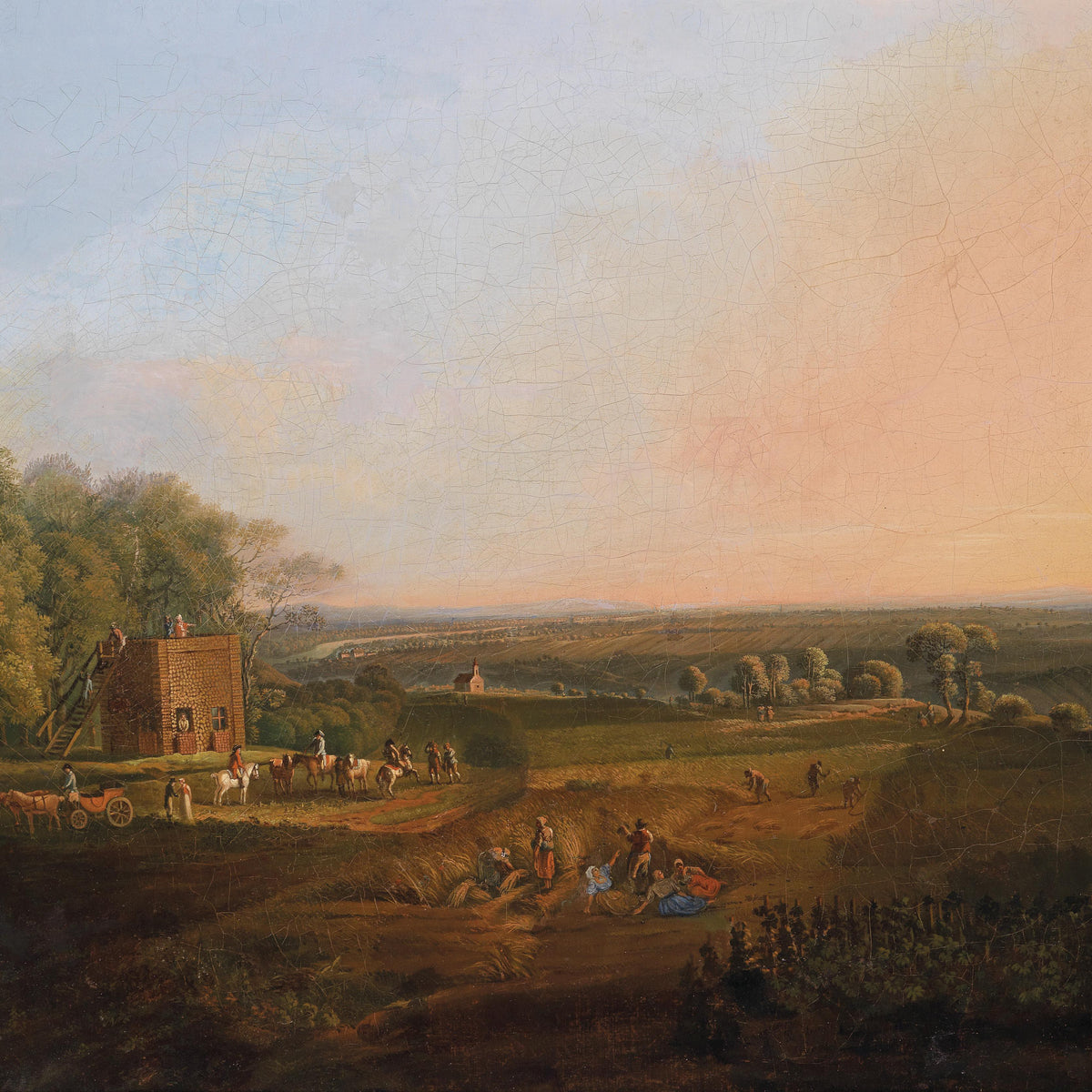 Landscape Oil Painting - Rural Harvest, Workers, Watch Hut & Dusk