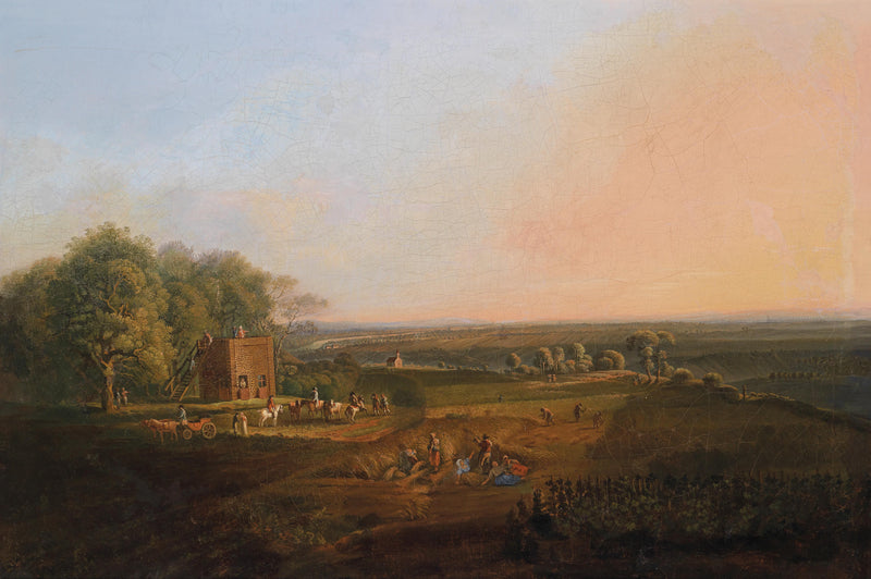 Landscape Oil Painting - Rural Harvest, Workers, Watch Hut & Dusk