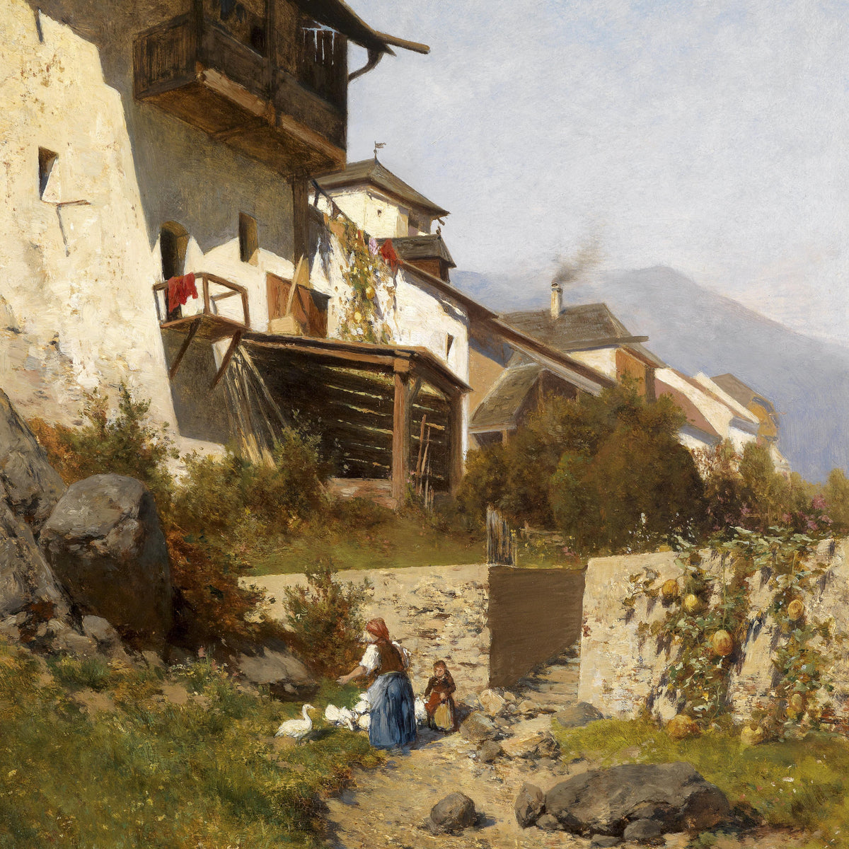 Landscape Oil Painting - Alpine Village Cottage: Woman, Child & Geese