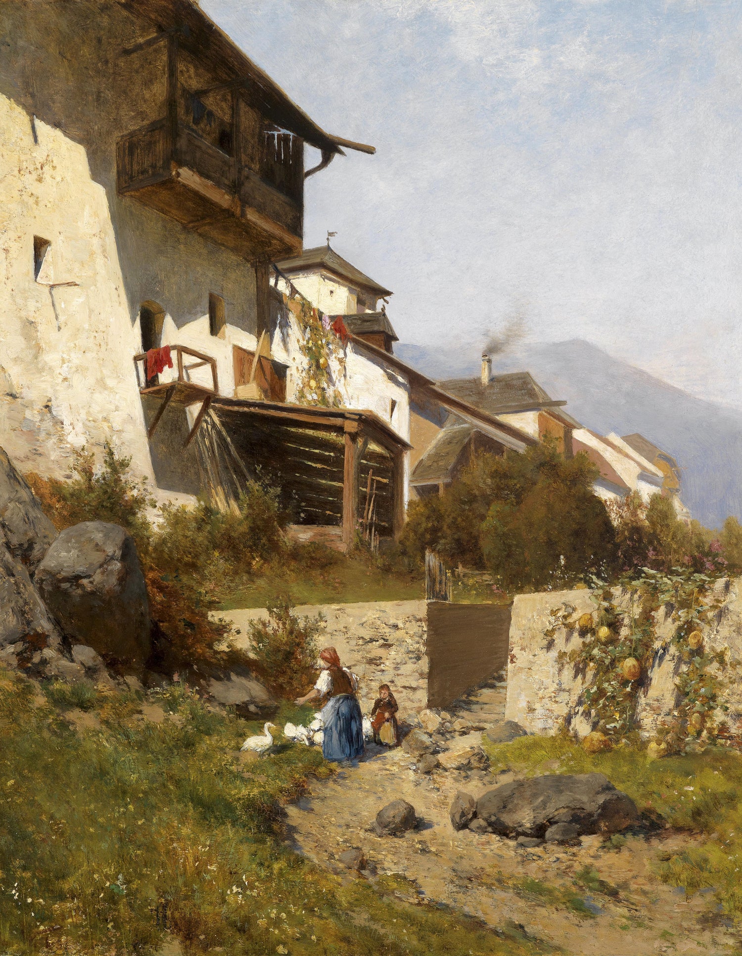 Landscape Oil Painting - Alpine Village Cottage: Woman, Child & Geese