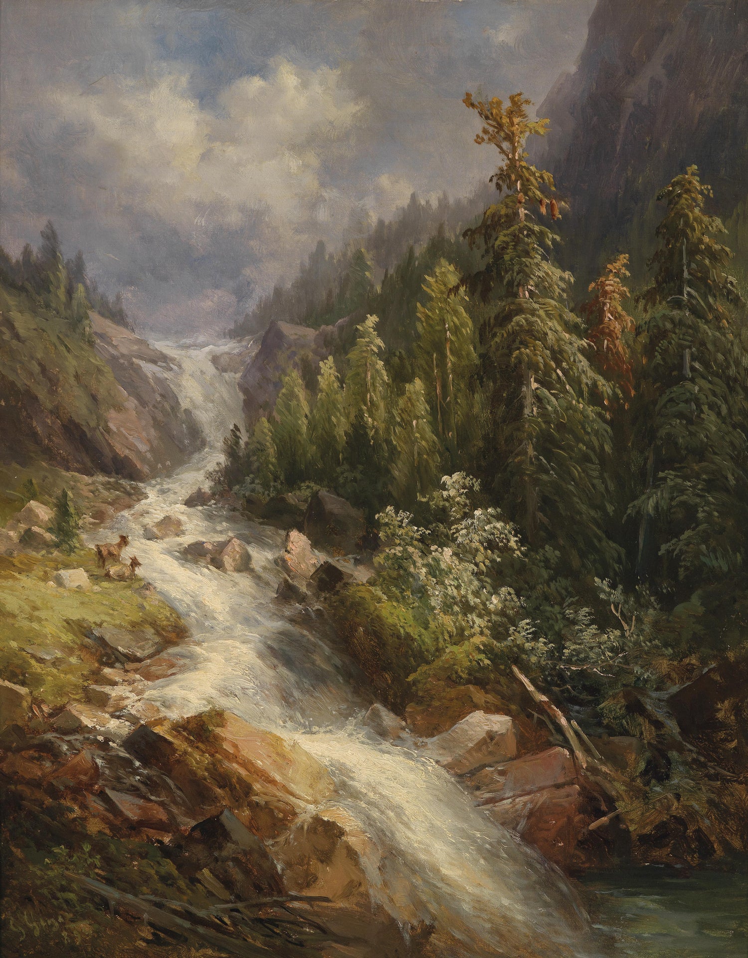 Landscape Oil Painting - Alpine Mountain Waterfall: Forest, Rapids