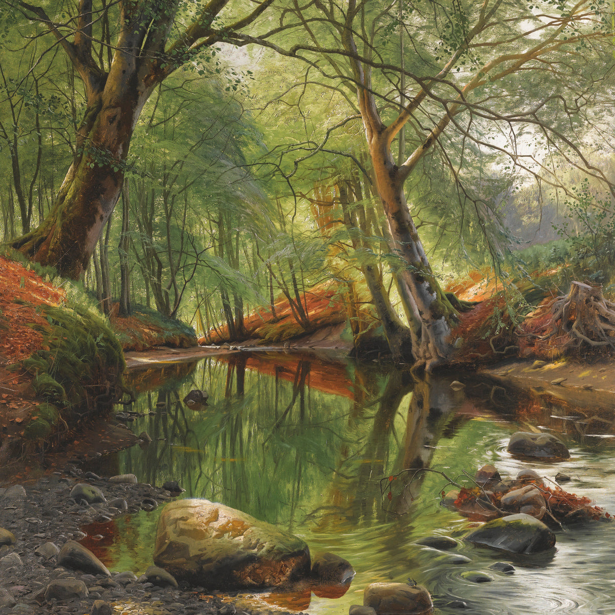 Forest Stream Landscape Oil Painting, Hand-Painted Woodland Scene