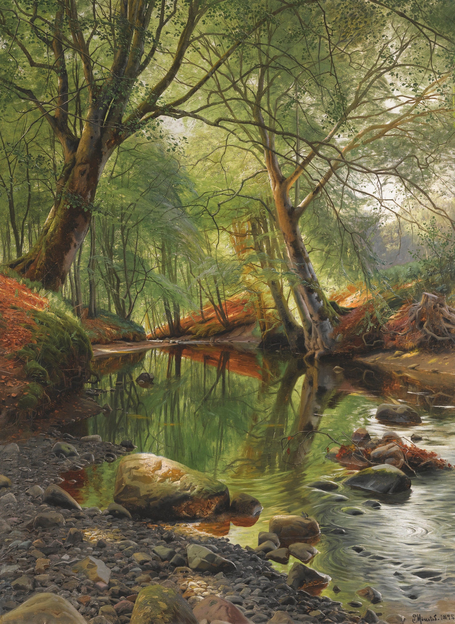 Forest Stream Landscape Oil Painting, Hand-Painted Woodland Scene
