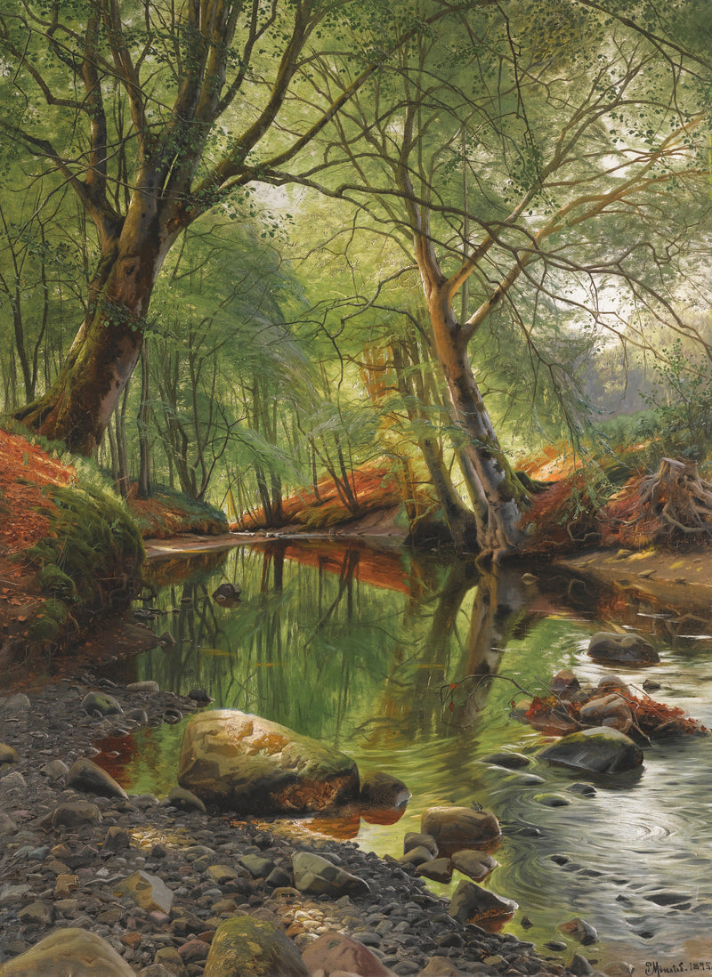 Forest Stream Landscape Oil Painting, Hand-Painted Woodland Scene