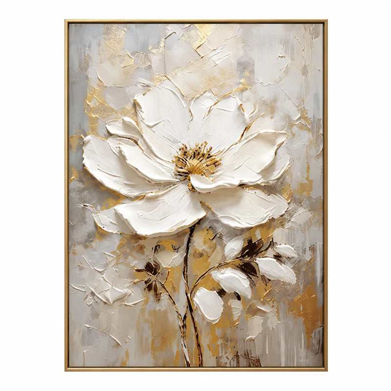 Abstract Oil Painting - White Magnolia Flower with Gold Texture