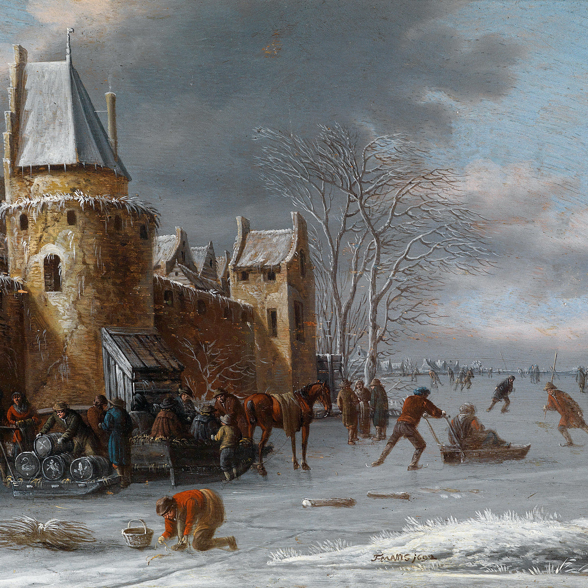Peinture à l'huile de paysage - Village d'hiver avec personnages sur une rivière gelée