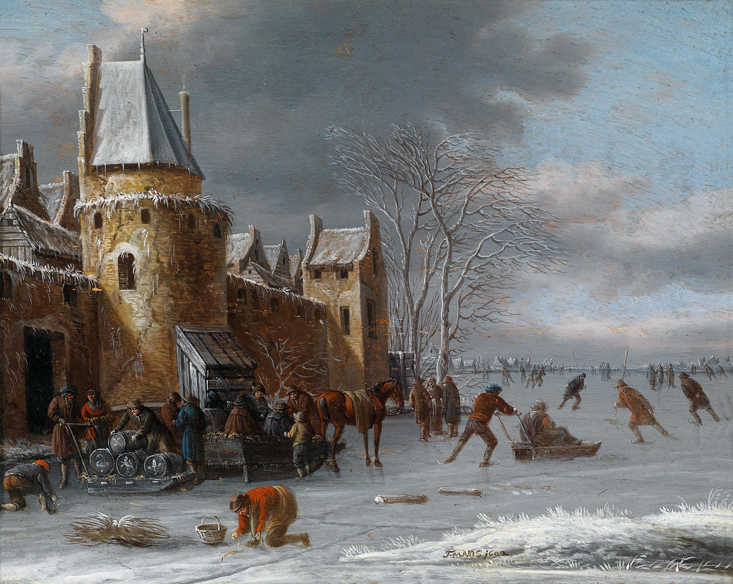 Landschaftsgemälde in Öl – Winterdorf mit Figuren auf einem zugefrorenen Fluss