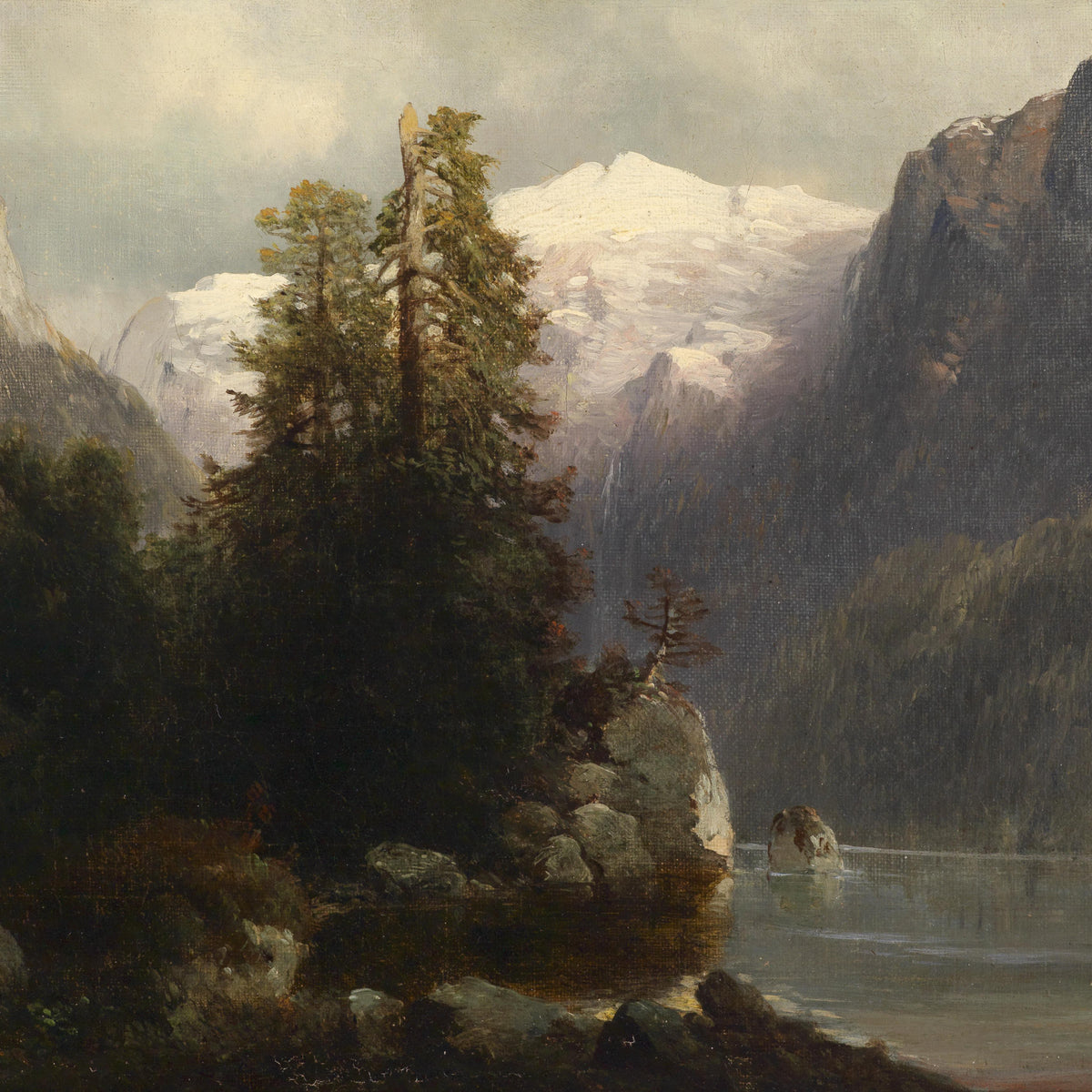 Landscape Oil Painting - Alpine Lake, Snow-Capped Peaks, Forest