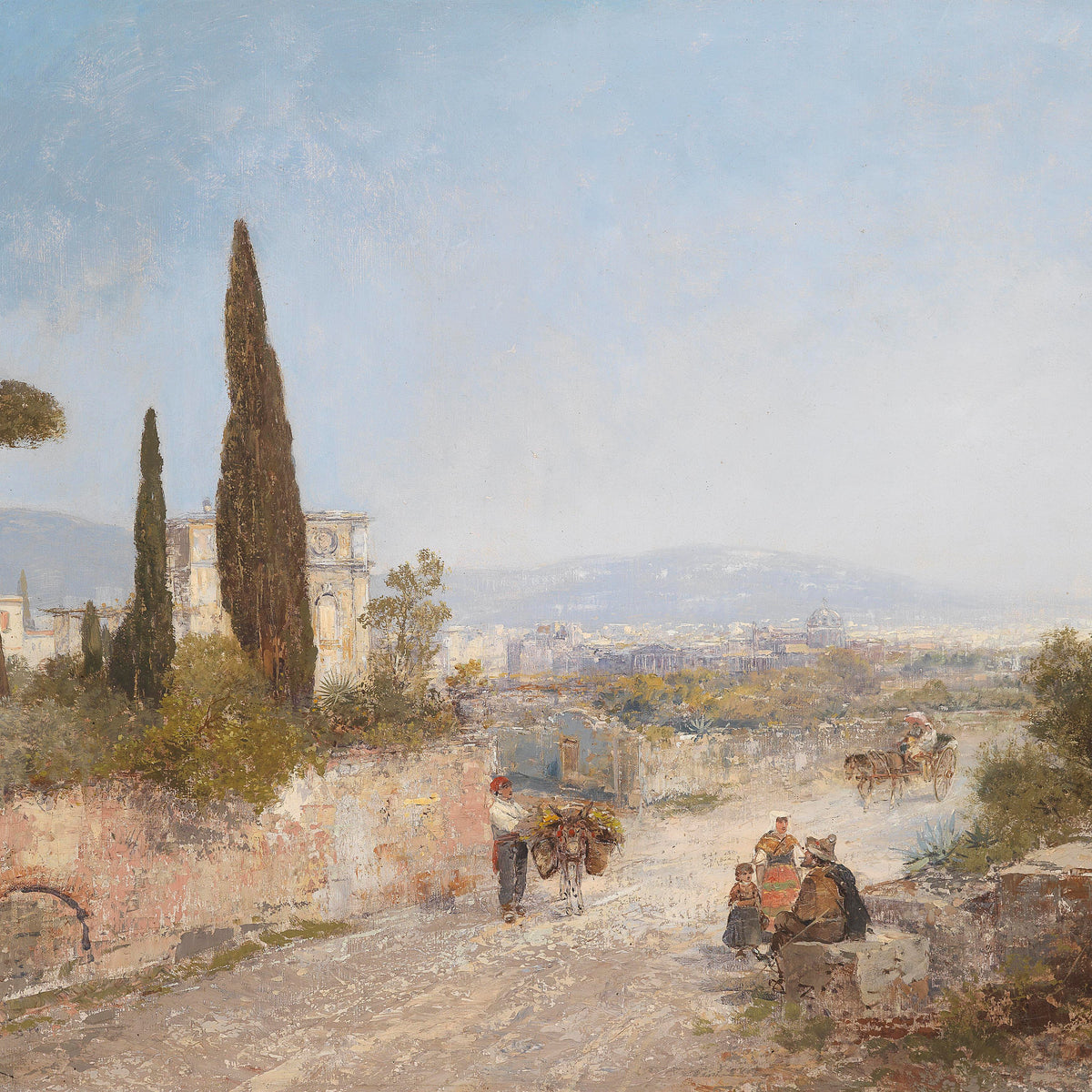 Landscape Oil Painting - Roman Countryside, Trees & Historic Buildings