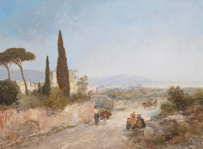 Landscape Oil Painting - Roman Countryside, Trees & Historic Buildings