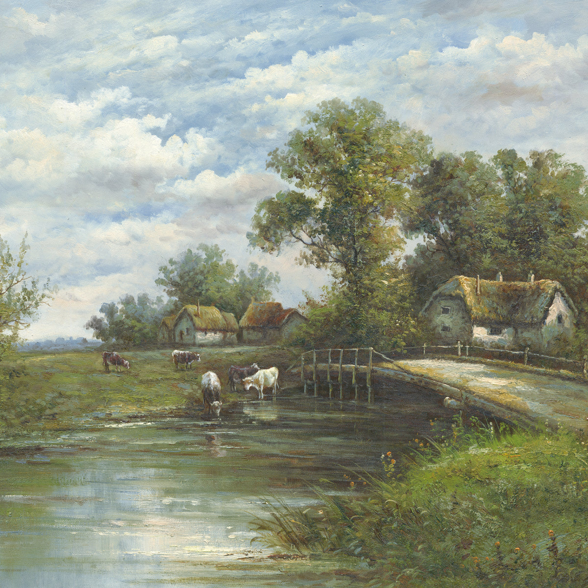 Landscape Oil Painting - Rural River Scene with Cows, Thatch Cottages