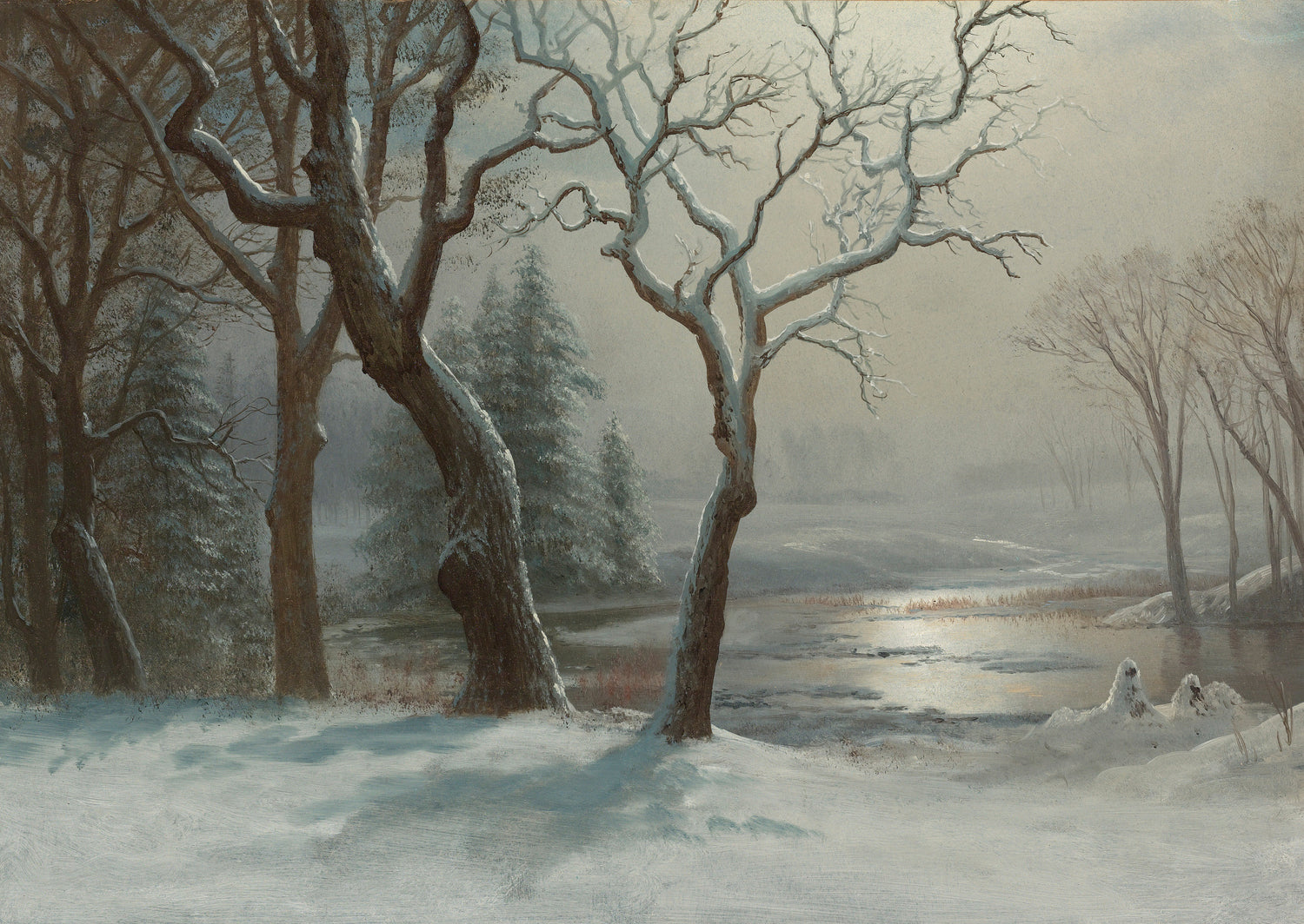 Winter River Landscape Oil Painting, Hand-Painted Snowy Forest Scene
