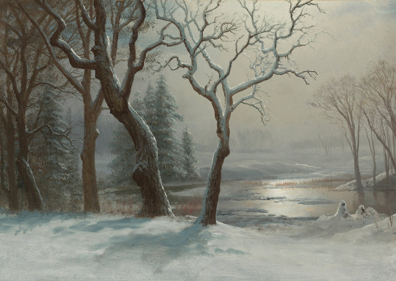 Winter River Landscape Oil Painting, Hand-Painted Snowy Forest Scene