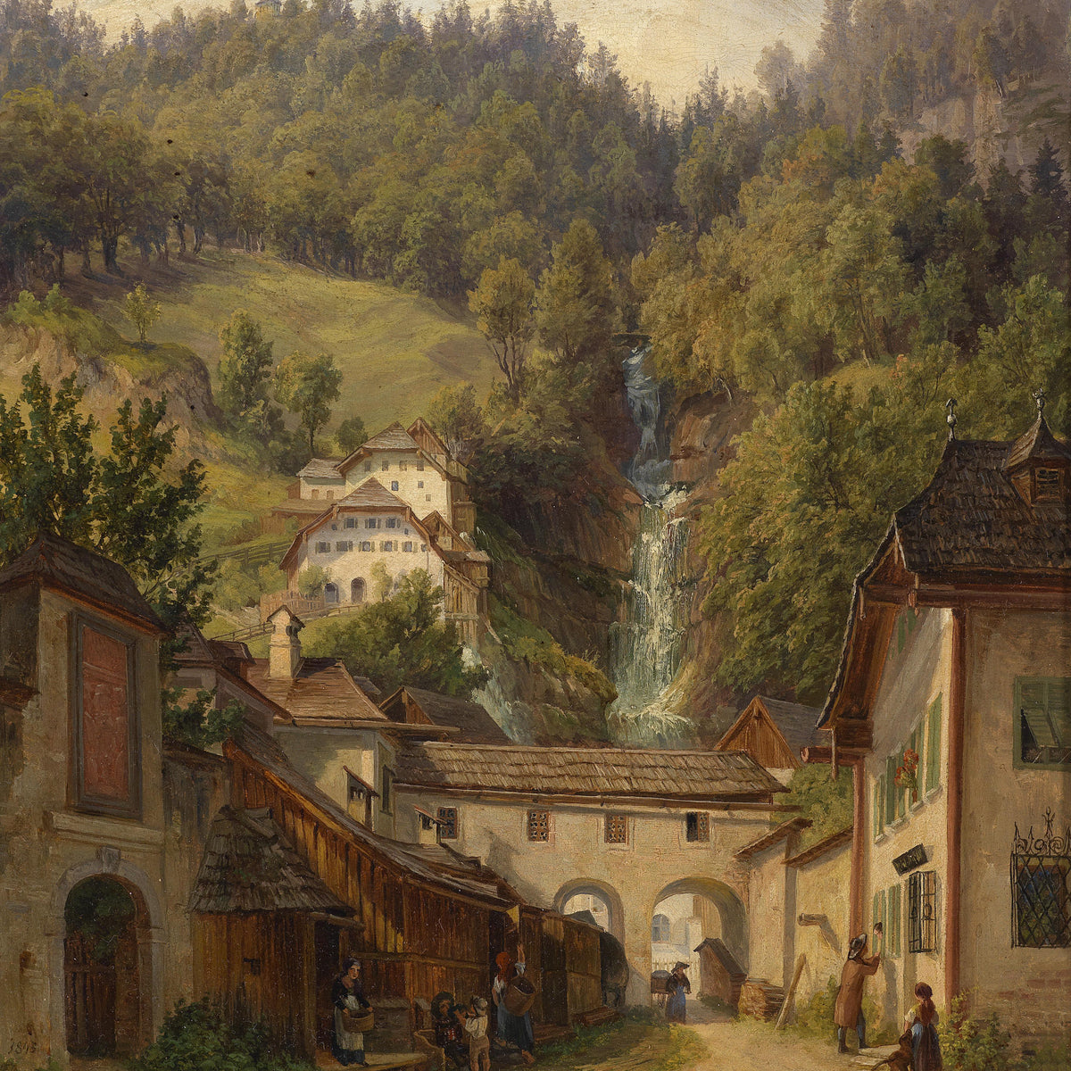 Landscape Oil Painting - Alpine Village Lane: Waterfall, Cottages