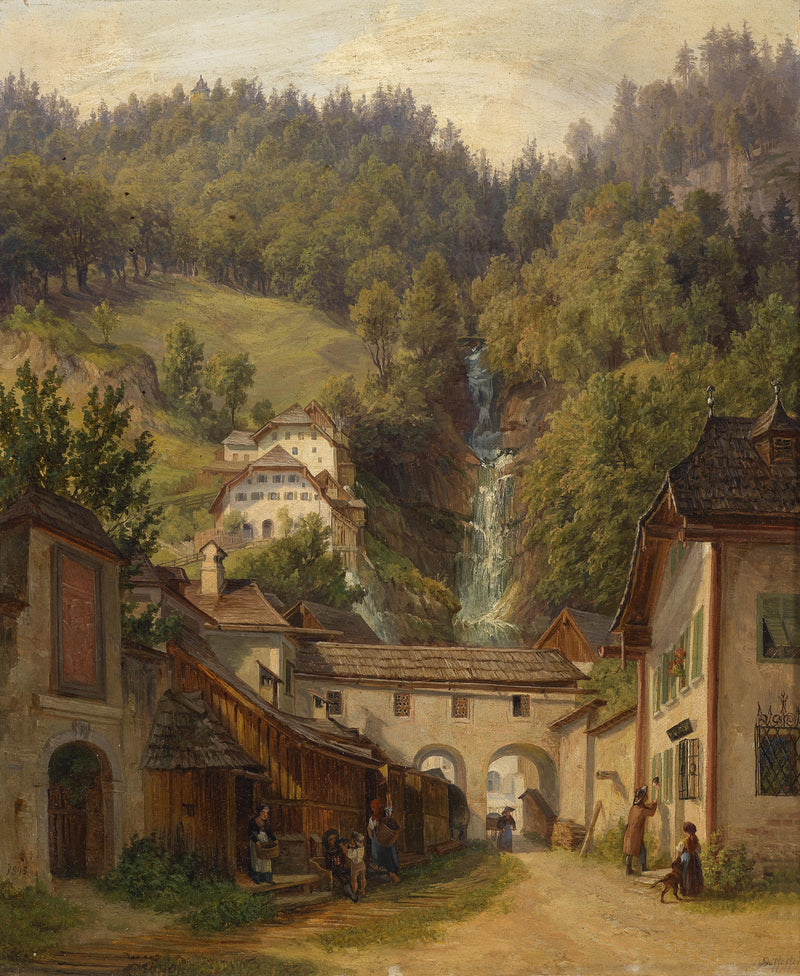 Landscape Oil Painting - Alpine Village Lane: Waterfall, Cottages