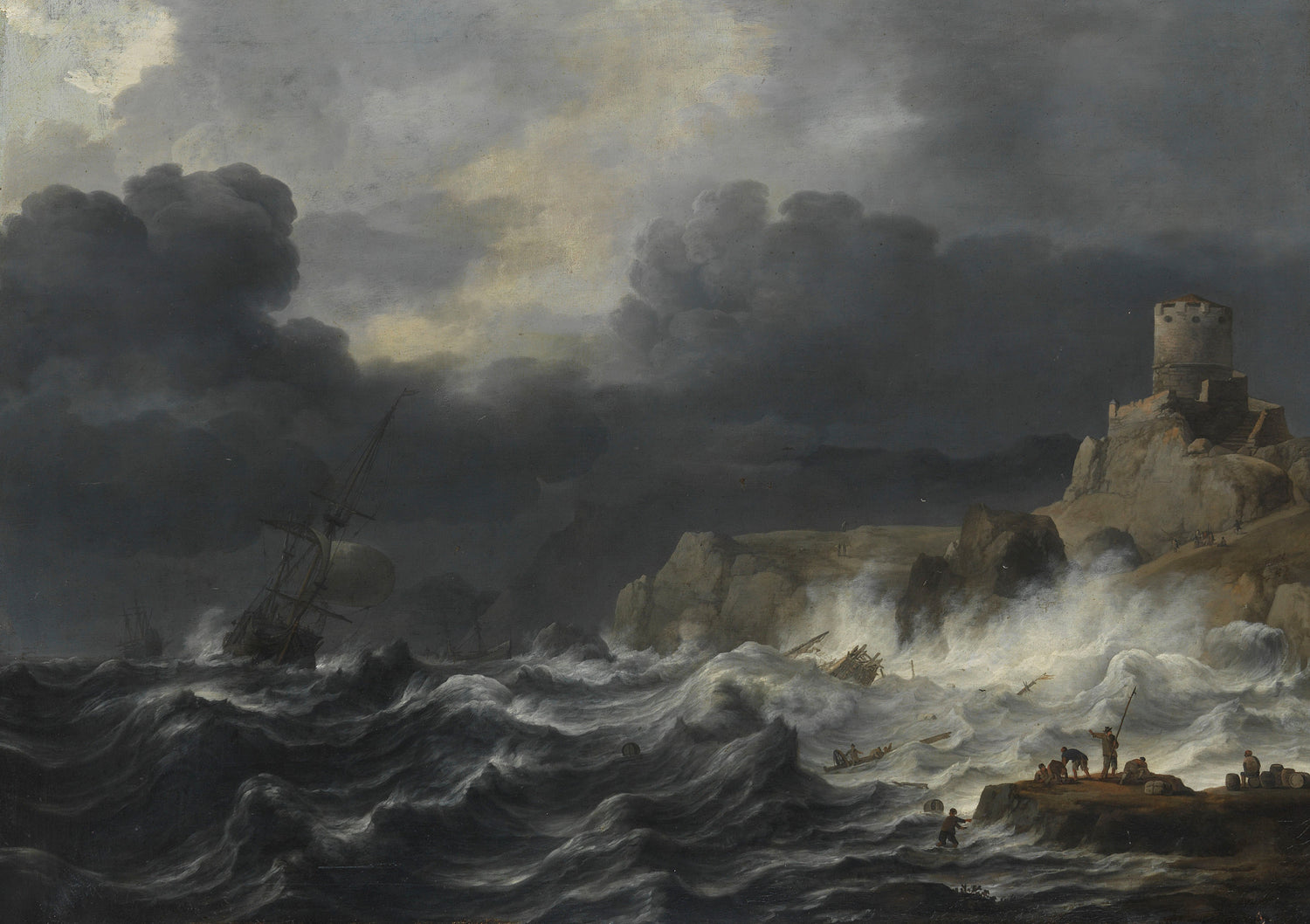 Dramatic Seascape Oil Painting, Hand-Painted Stormy Coast Scene