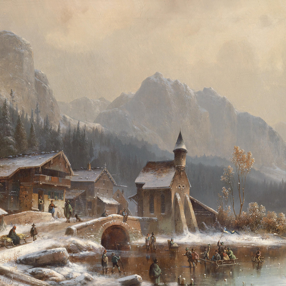 Alpine Winter Village by the Lake | Hand-Painted Landscape Oil Painting