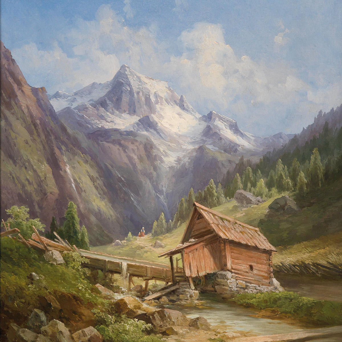 Alpine Mountain Landscape Oil Painting with Cabin, Hand-Painted