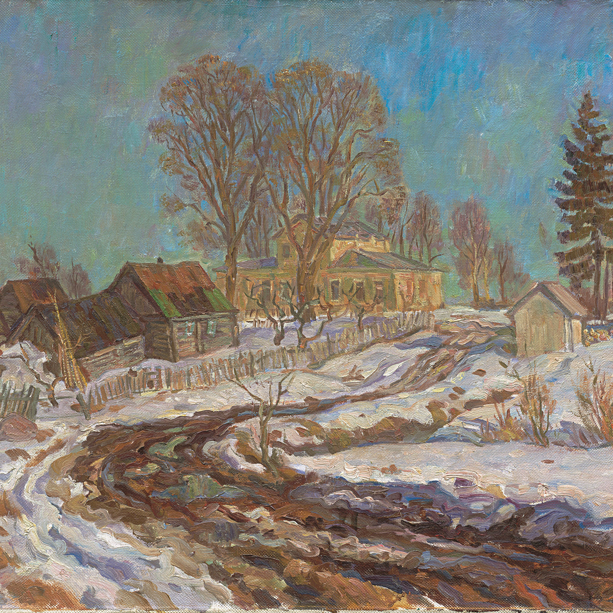 Landscape Oil Painting - Winter Rural Village: Wooden Houses & Trees