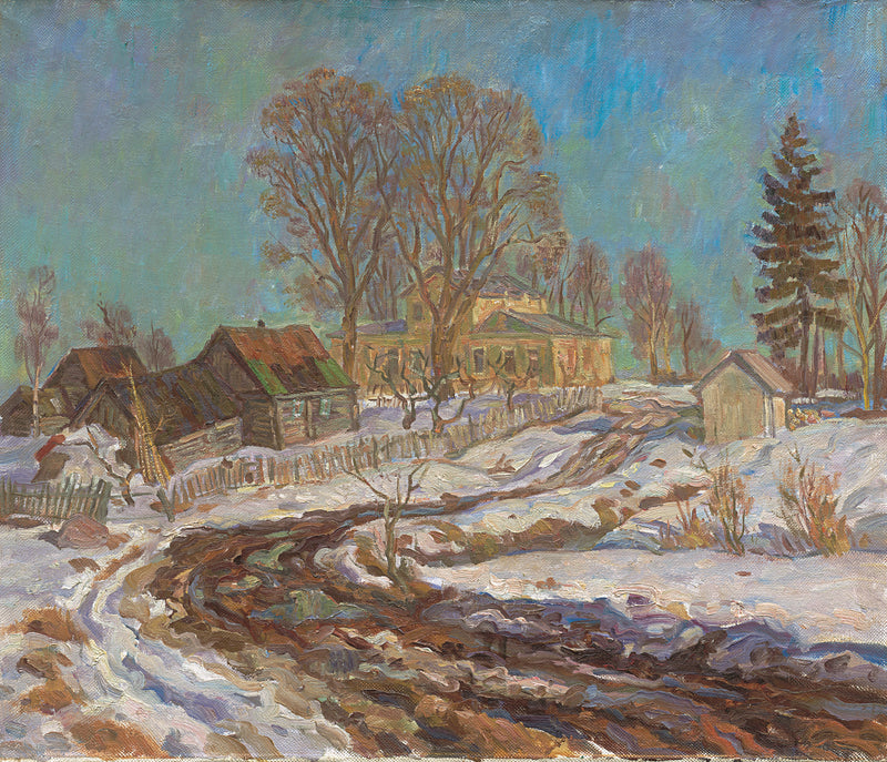 Landscape Oil Painting - Winter Rural Village: Wooden Houses & Trees