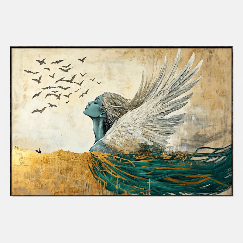 Abstract Oil Painting - Winged Woman in Gold and Teal Wall Art