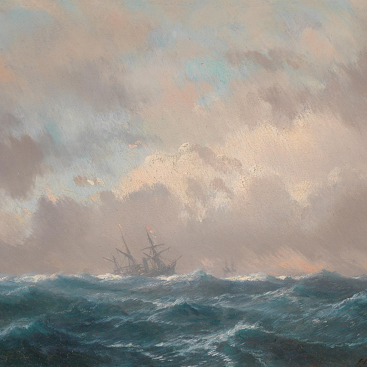 Ocean Seascape Oil Painting with Distant Sailing Ship, Hand-Painted