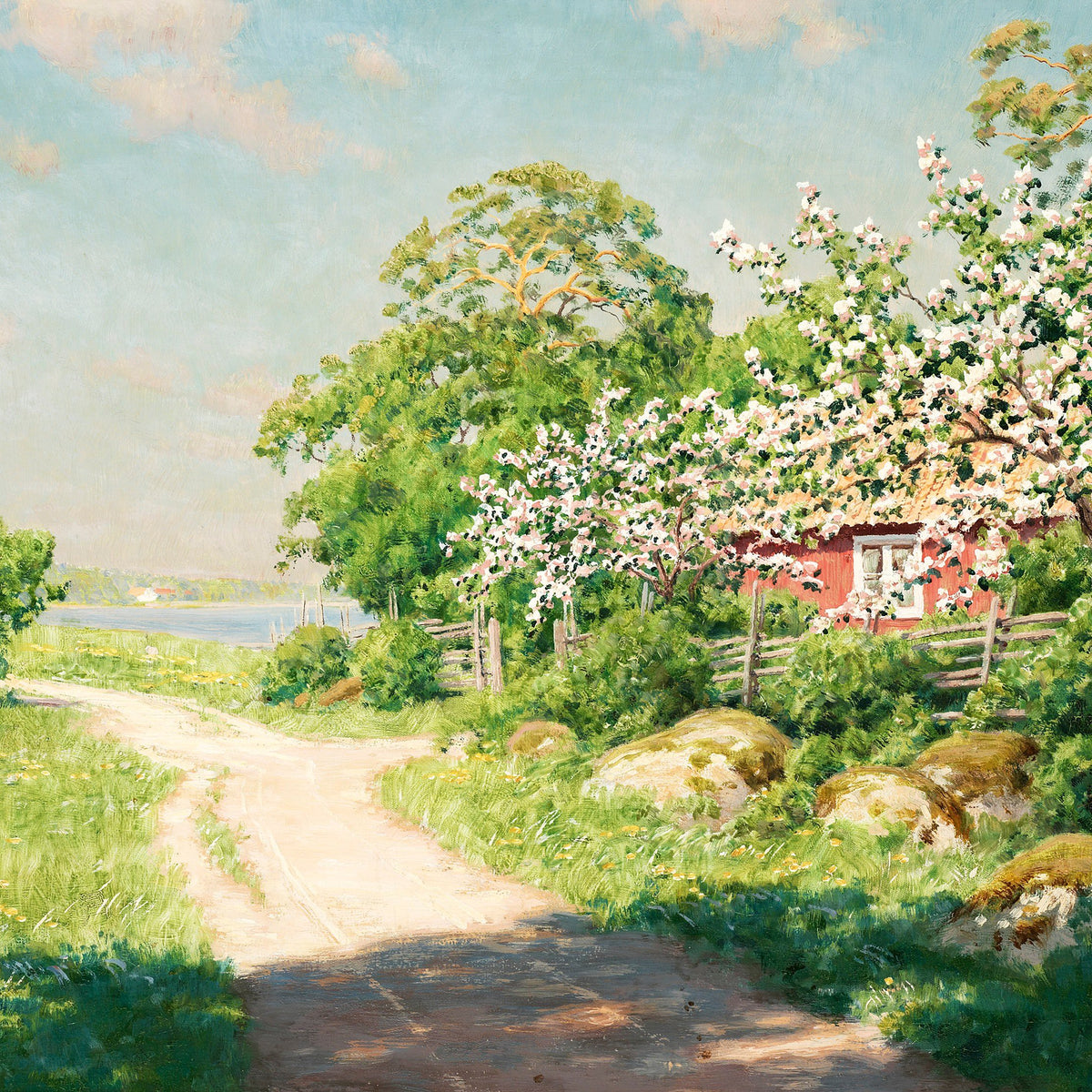 Spring Floral Landscape Oil Painting, Hand-Painted Country Path Scene