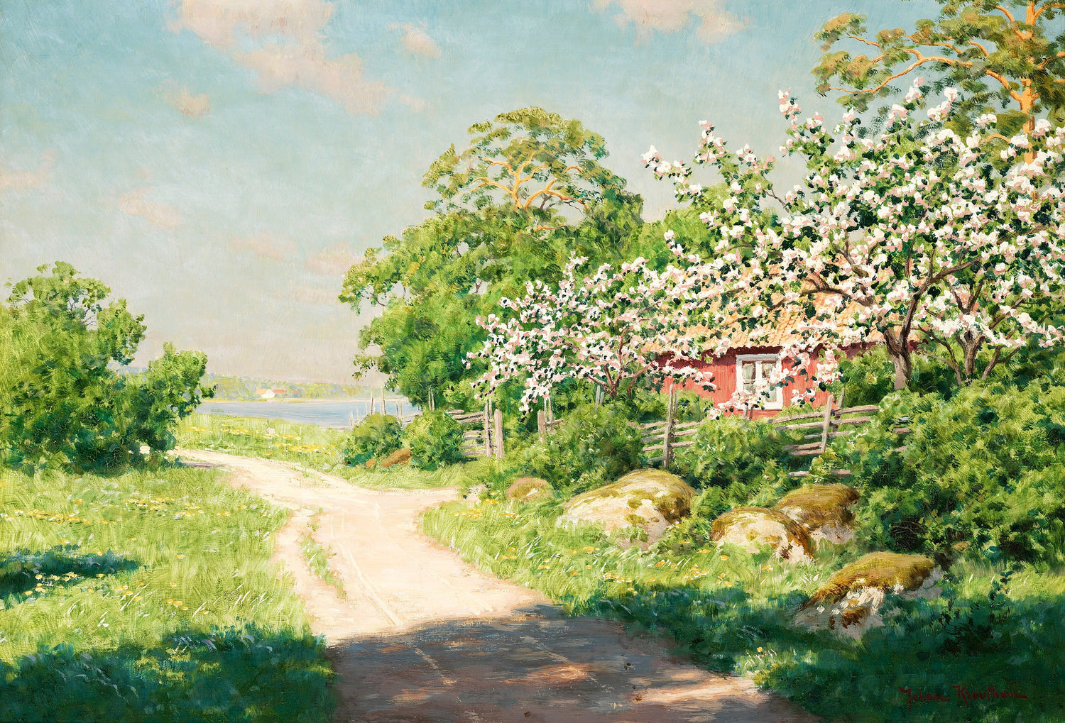 Spring Floral Landscape Oil Painting, Hand-Painted Country Path Scene